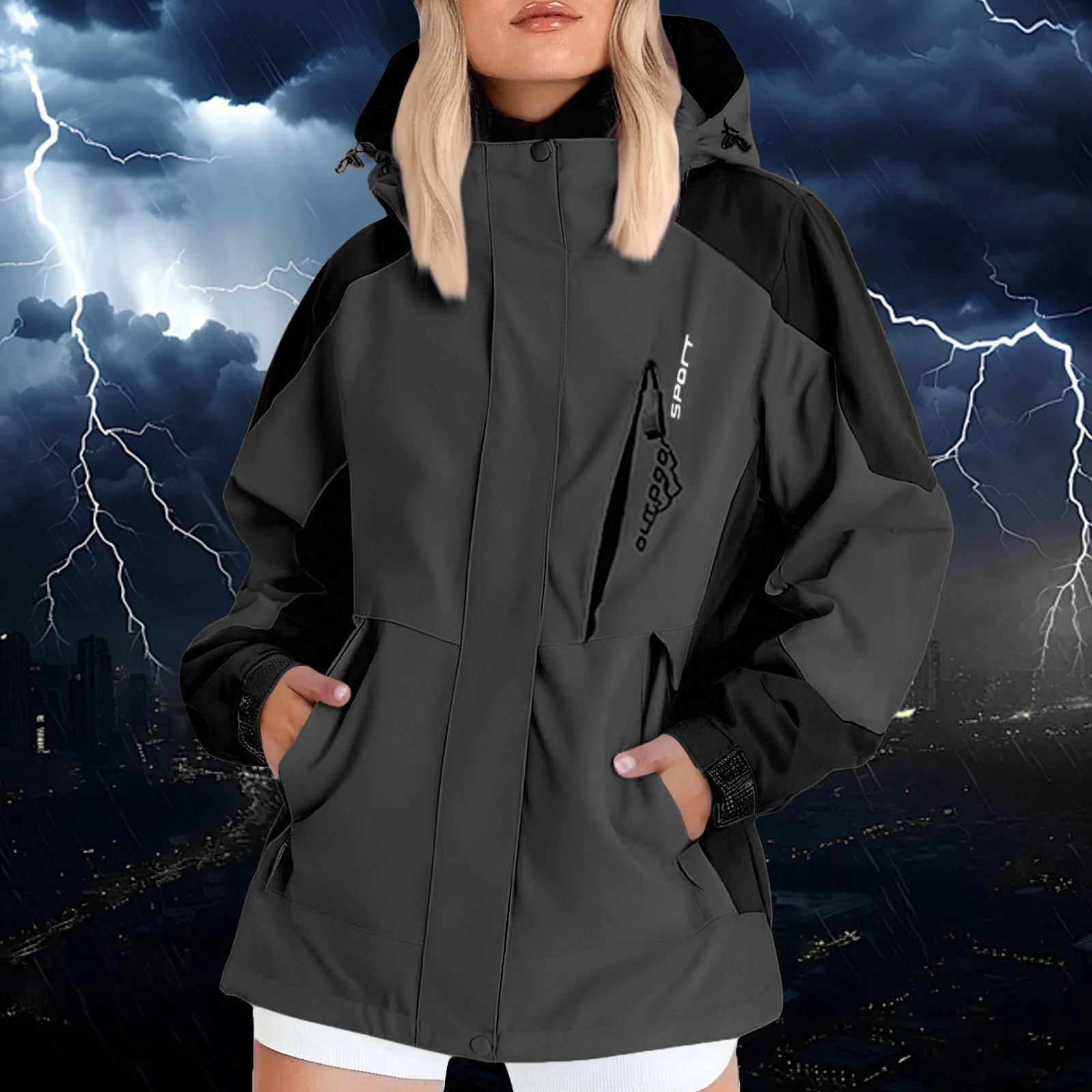 Outdoor Color Block Hiking Jackets Women Windproof Waterproof Camping Hooded Jacket Thin Mountaineering Jacket Woman Windbreaker