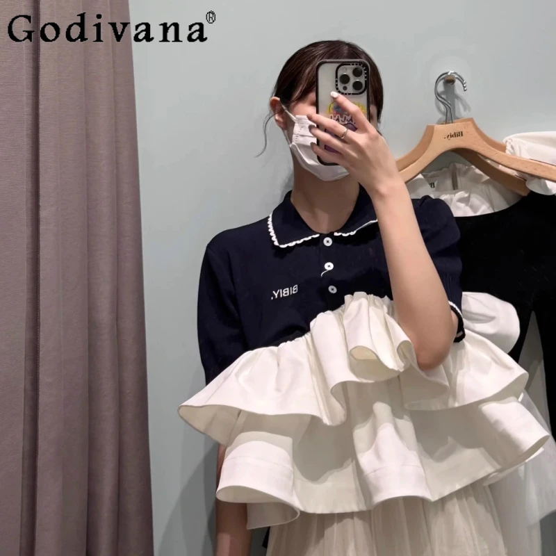 

Japanese Sweet Knit Splicing Shirt Summer New 2025 Girl's Woman's Slim Fashion Fluffy Short-sleeved Top Daily Basic Blouses