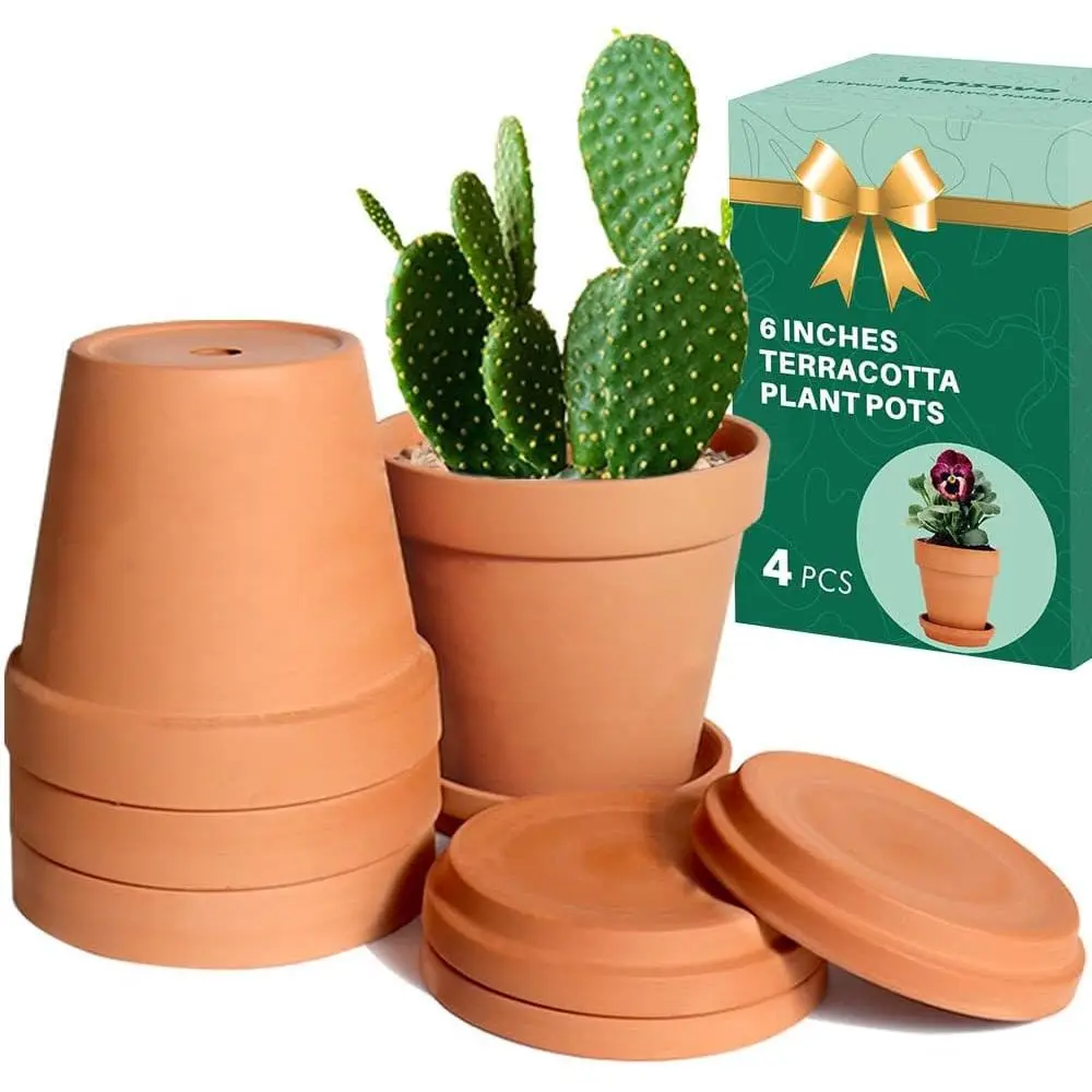 6 Inch Terracotta Pots with Drainage, 4 Pack Medium Planters for Indoor/Outdoor Plants, Crafts, and Wedding Favors