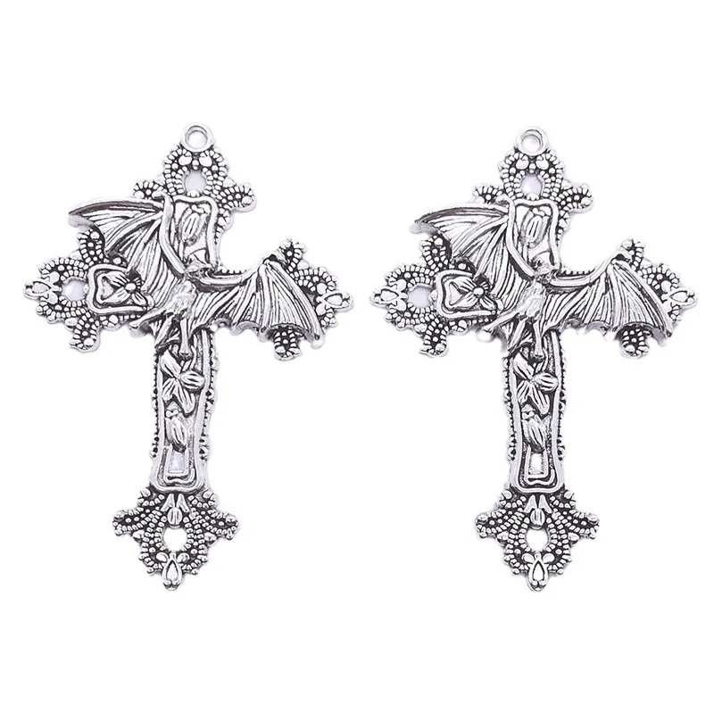 Breloques croix en alliage pour document en argent, pendentif chauve-souris, religion, foi, ajustement, bricolage, bijoux faits à la main, collier, fournitures de recherche de direction, 3 pièces