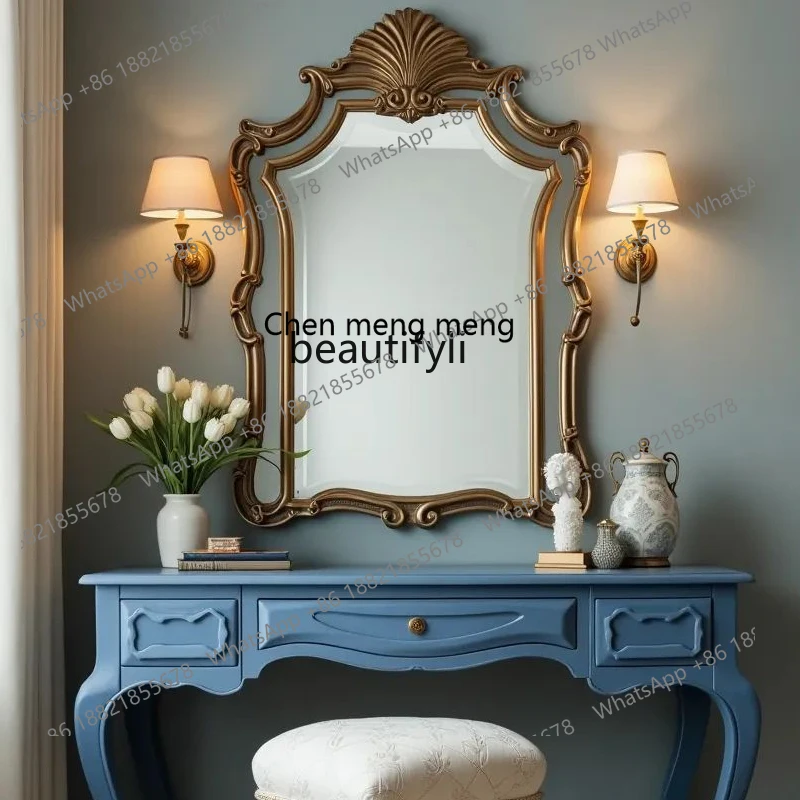 

E153 Vintage Carved Makeup Mirror French Luxury Elegant Vanity Mirror Wall-Mounted Background Wall Decorative Mirror
