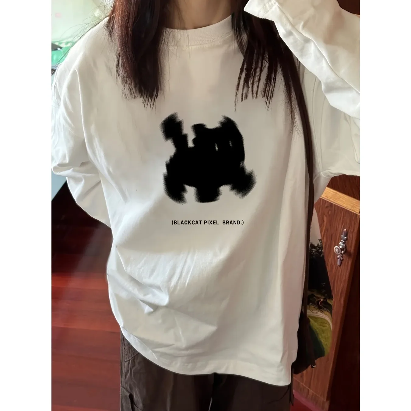 Streetwear Y2k Damen Hip-Hop Lässiges Schwarzes Katzen-Baumwoll-Langarm-T-Shirt mit Rundhalsausschnitt Cartoon Lockerer Pullover für den Winter – Detail 2