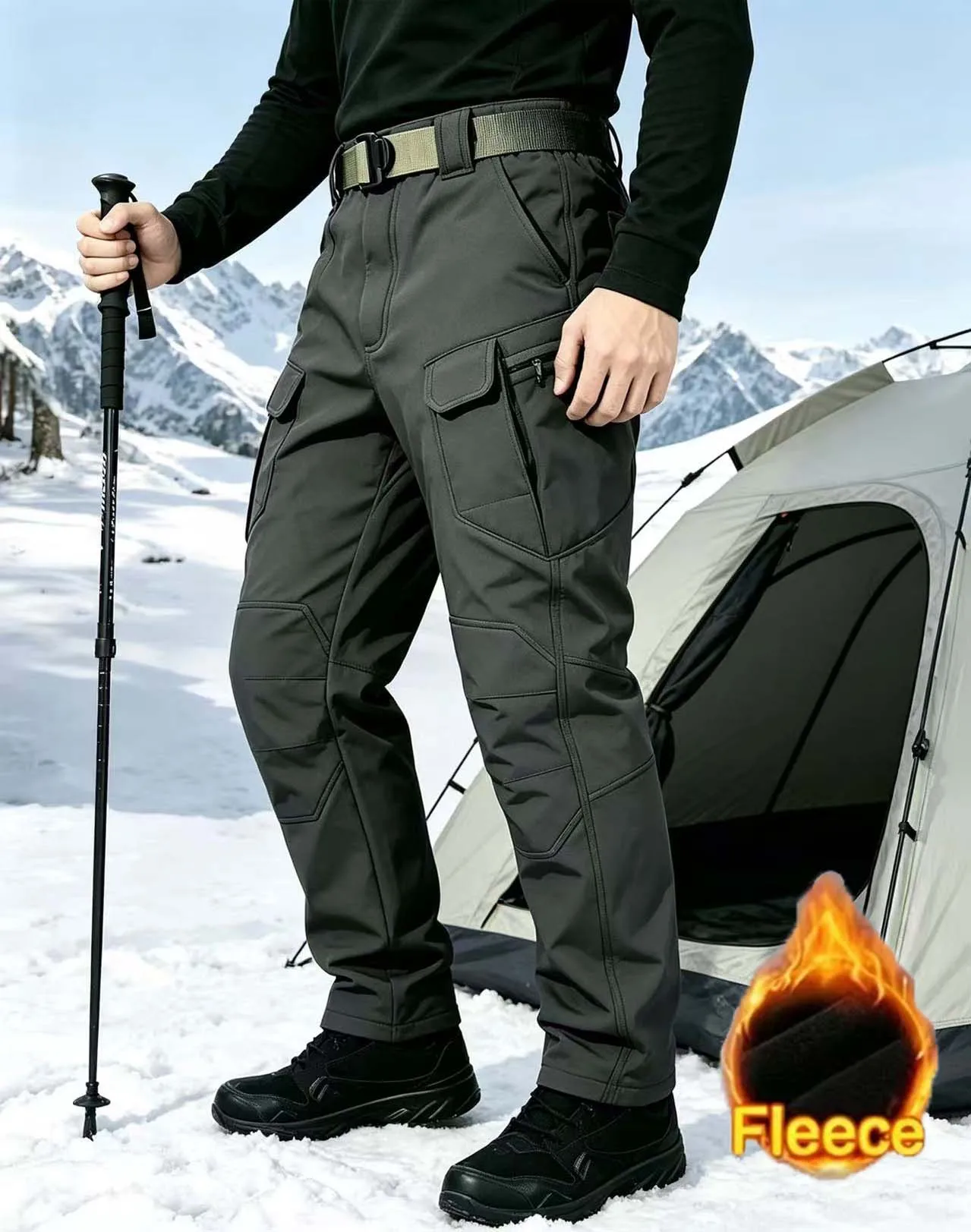 Winter Men Fleece Lined Keep Warm Cargo Trousers Windproof Multi‑Pocket Tactical Pants for Camping Hunting Daily Work Pants