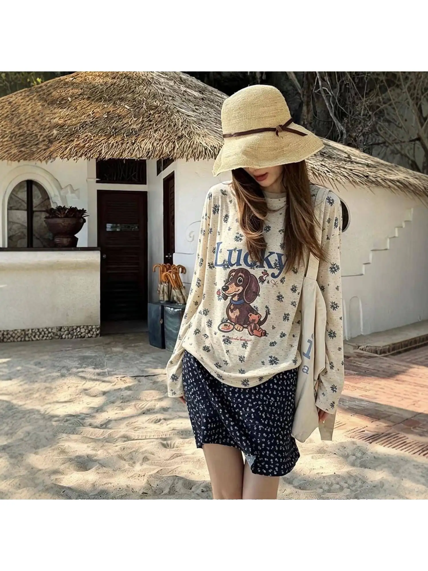 korean-style-loose-summer-long-sleeve-t-shirt-women's-round-neck-flower-print-dog-lucky-casual-top-sun-protection-shirt