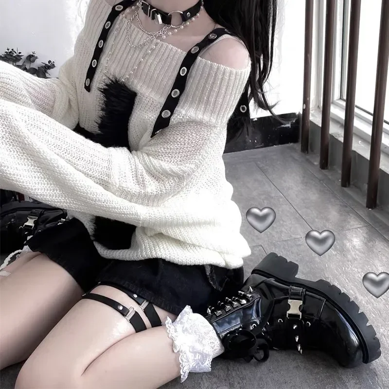 

2025 Harajuku Punk Knitwear Women Off Shoulder Belted Thin Sweater Cross Fur Print Autumn Long Sleeve Loose Gothic Y2k Pullovers