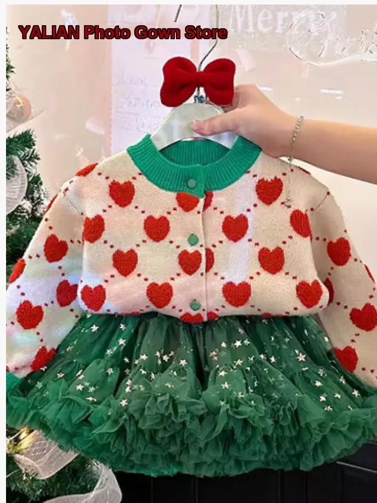 Girls Christmas Autumn Winter New Year Outfit Baby Western Style Cardigan Tutu Dress Kids New Year Two-Piece Set