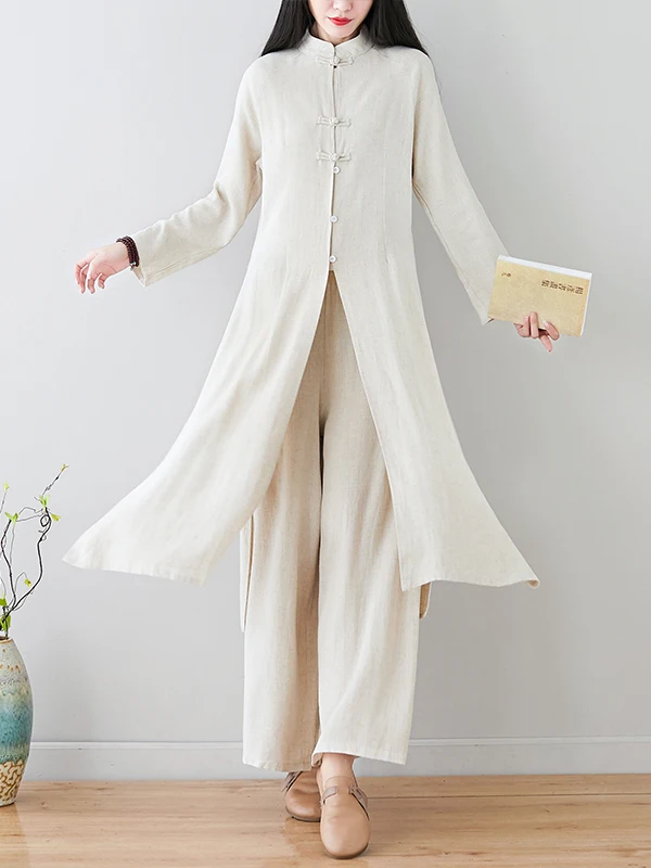 

New Chinese Sle Cotton Linen Set Women's Loose Long irt Collar Tea Costume Autumn Summer Casual Sport Suit Traditional Ze...