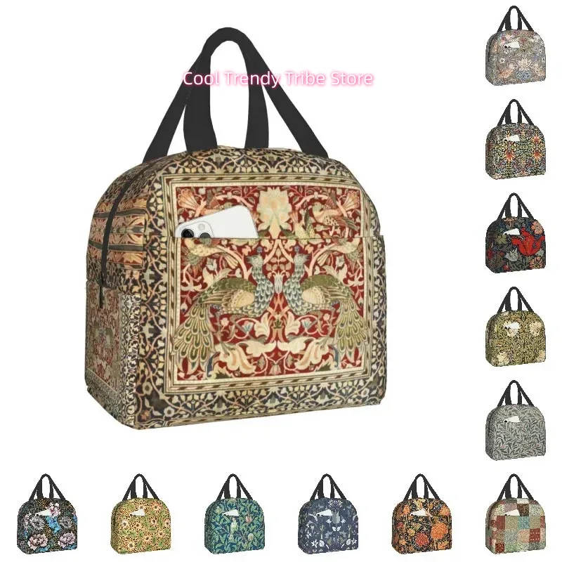 William Morris Vintage Floral Thermal Insulated Lunch Bag - Victorian-Inspired Oxford Cloth Lunch Box with Sturdy Handles, Leakp