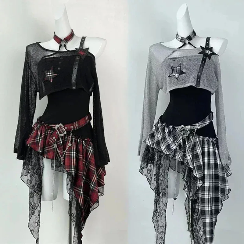 COSda@avda@Корейская мода Ретро костюмы Тонкий готический Harajuku Американский винтажный комплект из 2 предметов Женский черный укороченный топ Y2k Блузка + Irregu