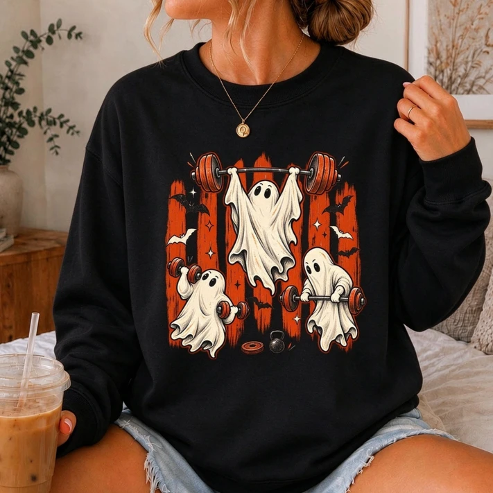Camisola Engraçada de Halterofilismo com Fantasma para Mulheres, Estampa Vintage de Halloween para Treino na Academia, Casual, Gola Redonda, Pulôver
