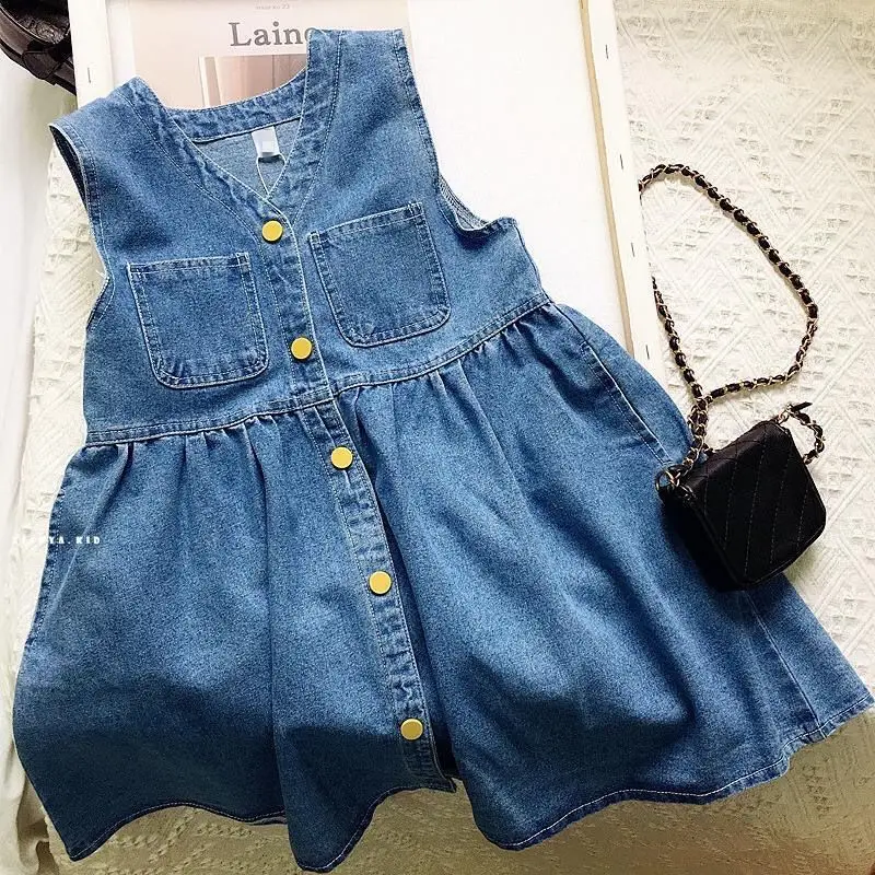 Summer Baby Girls Denim Jumper Dress Navy Blue Sleeveless V-Neck Button Front A-Line Pinafore with Pockets Casual Outfit