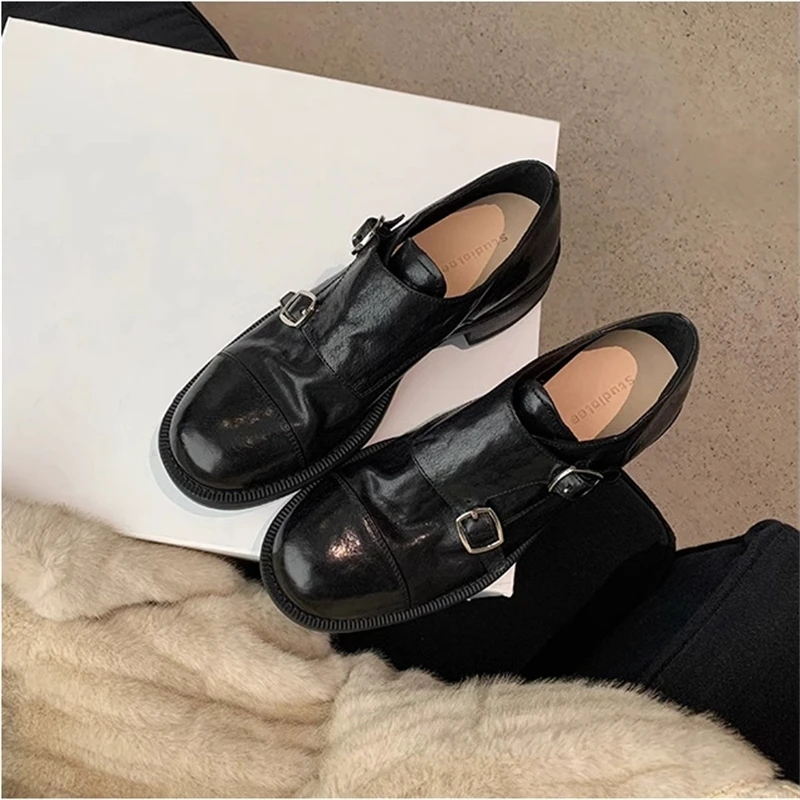 New British Style Double Buckle Round Head Fashion Loafers Women Shoes Genuine Leather Casual Work Dress Leather Shoes Female 