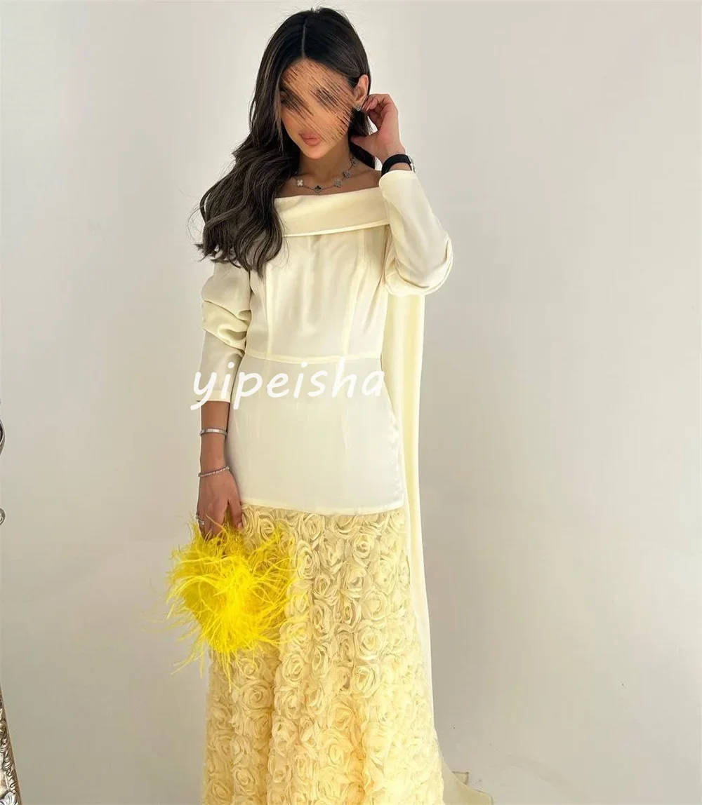 Vestidos largos personalizados con pliegues de flores, estilo moderno intrincado, rectos, con hombros descubiertos, vestidos de fiesta a juego, moda exquisita