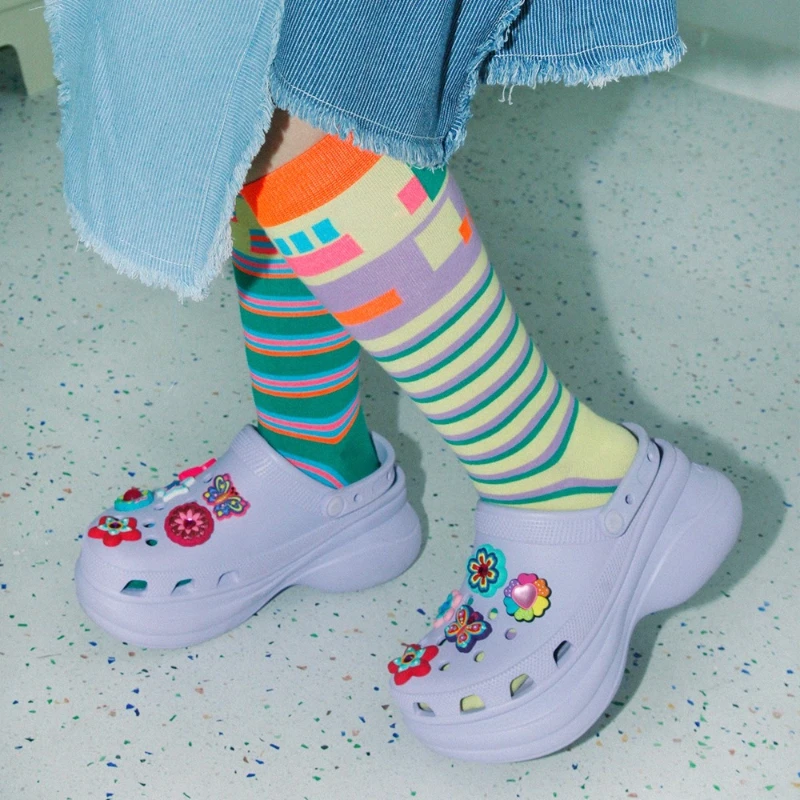 Original Design Striped Fluorescent Color Women's Calf Hosiery Autumn New Asymmetric Candy Color Cotton Mid-Calf Socks Ladies