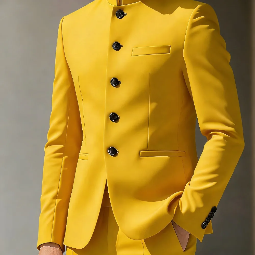 

Chinese Men Suits Business Suits With Stand Collar Slim Fit 2 Pcs Blazer Pants Set Formal Wedding Office Outfit Tailored Outfit