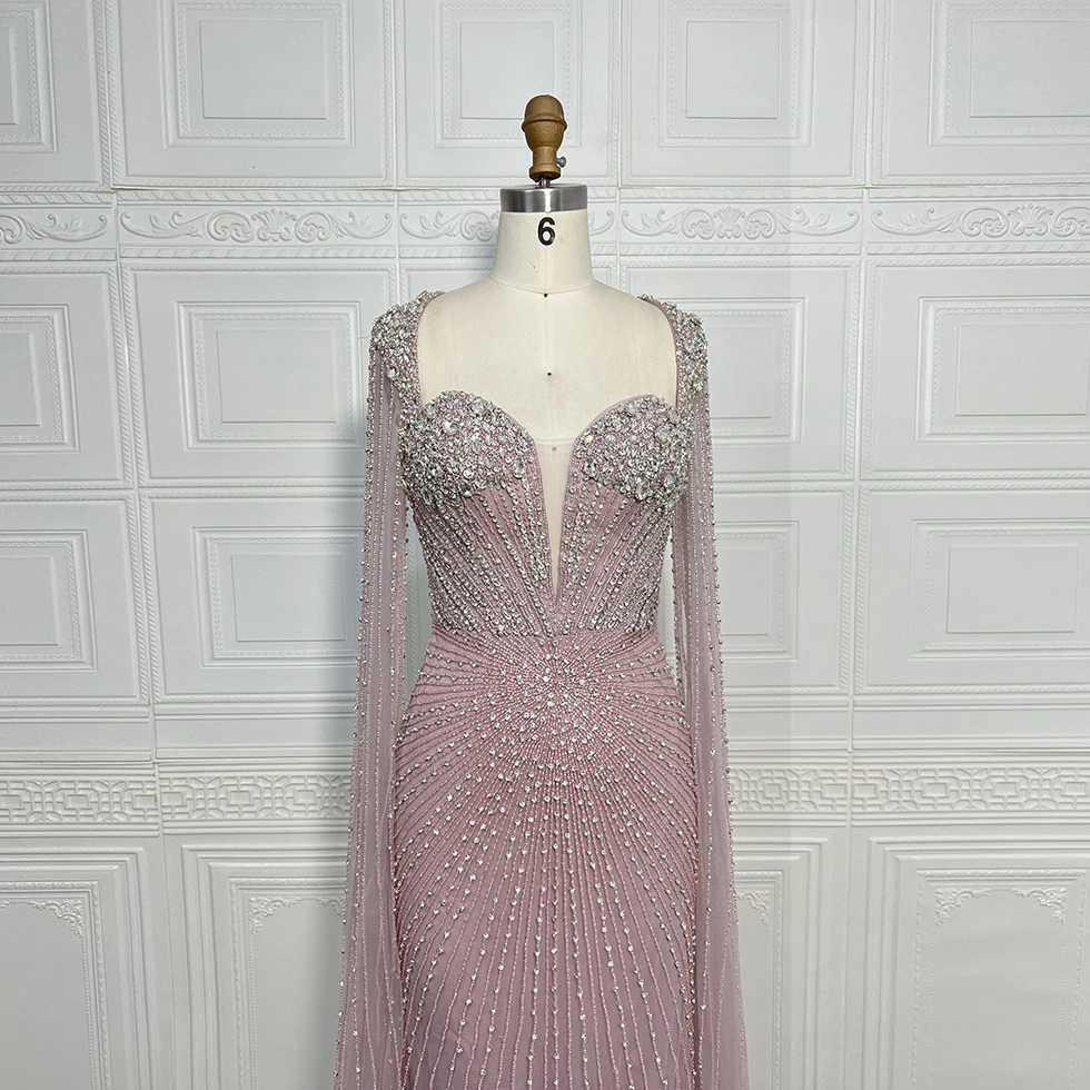 فستان سهرة فاخر مطرز بحورية البحر عاري دبي بأكمام كيب أنيق للنساء فساتين حفلات الزفاف العربية الوردية حسب الطلب