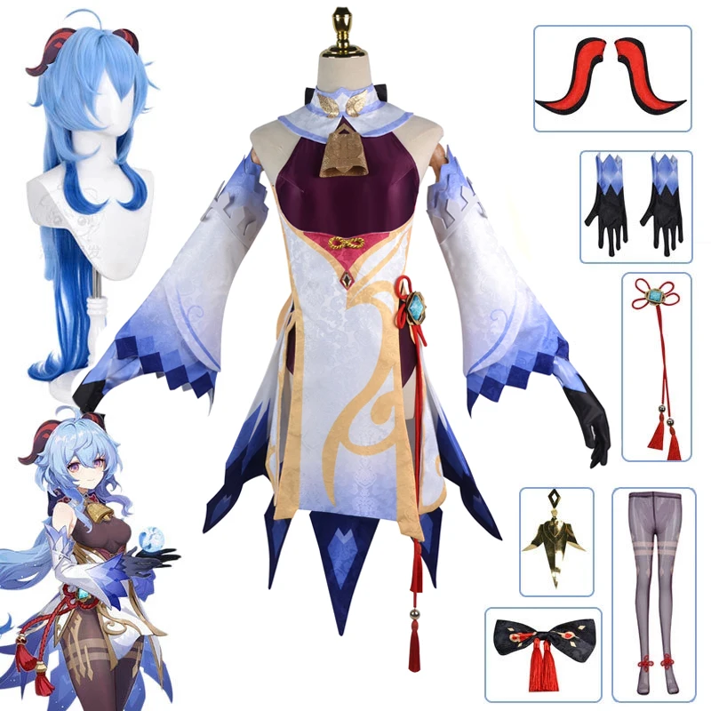 Trò Chơi Genshin Tác Động Ganyu Trang Phục Hóa Trang Jumpsuit Với Mũ Sừng Gan Vũ Với Màu Xanh Tóc Giả Cosplay Đầm Full Nguyên Bộ