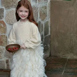 Girls Wool Knitted Yarn Dress 2024 Winter New Children Clothes Girls Baby Sweet Mesh Patchwork Pullover Dress