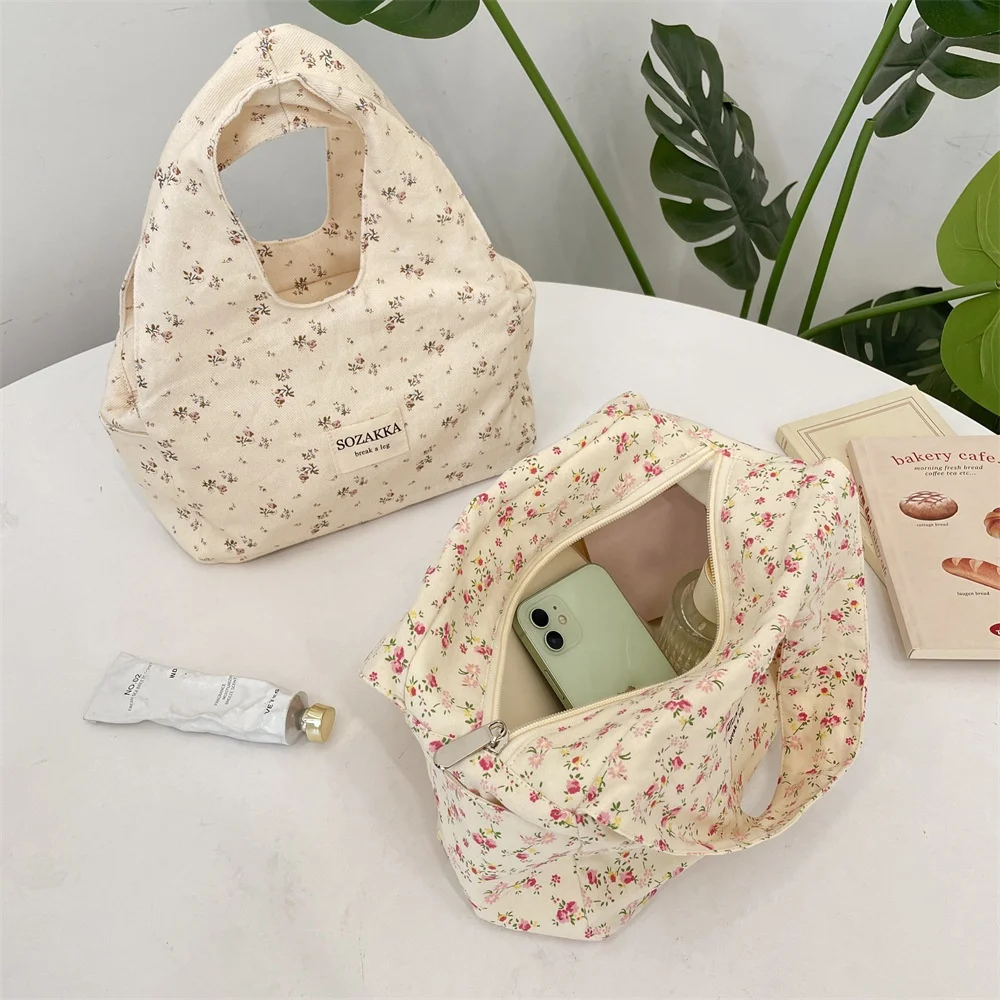 حقيبة صندوق الغداء الأزهار على الطراز الريفي، حقيبة حمل الغداء المكتبية، حقيبة حمل متنوعة ذات سعة كبيرة، حقيبة تخزين مستحضرات التجميل