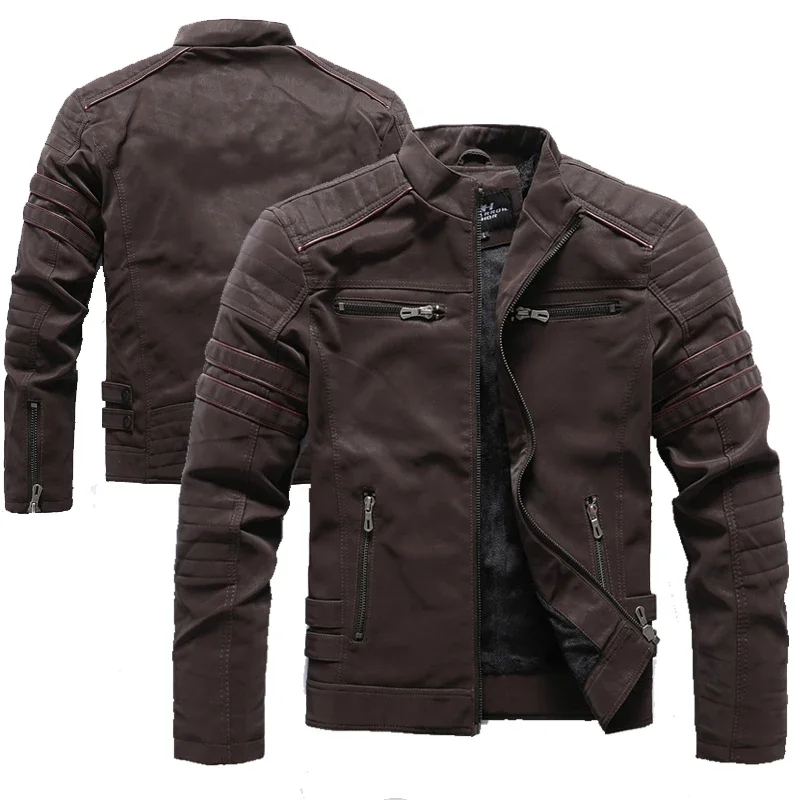 Winter Motorcycle PU Leather Jacket Men's Vintage Fleece Warm Multi-pocket Leather Coat Male Zipper Autumn Outwear Jackets Men