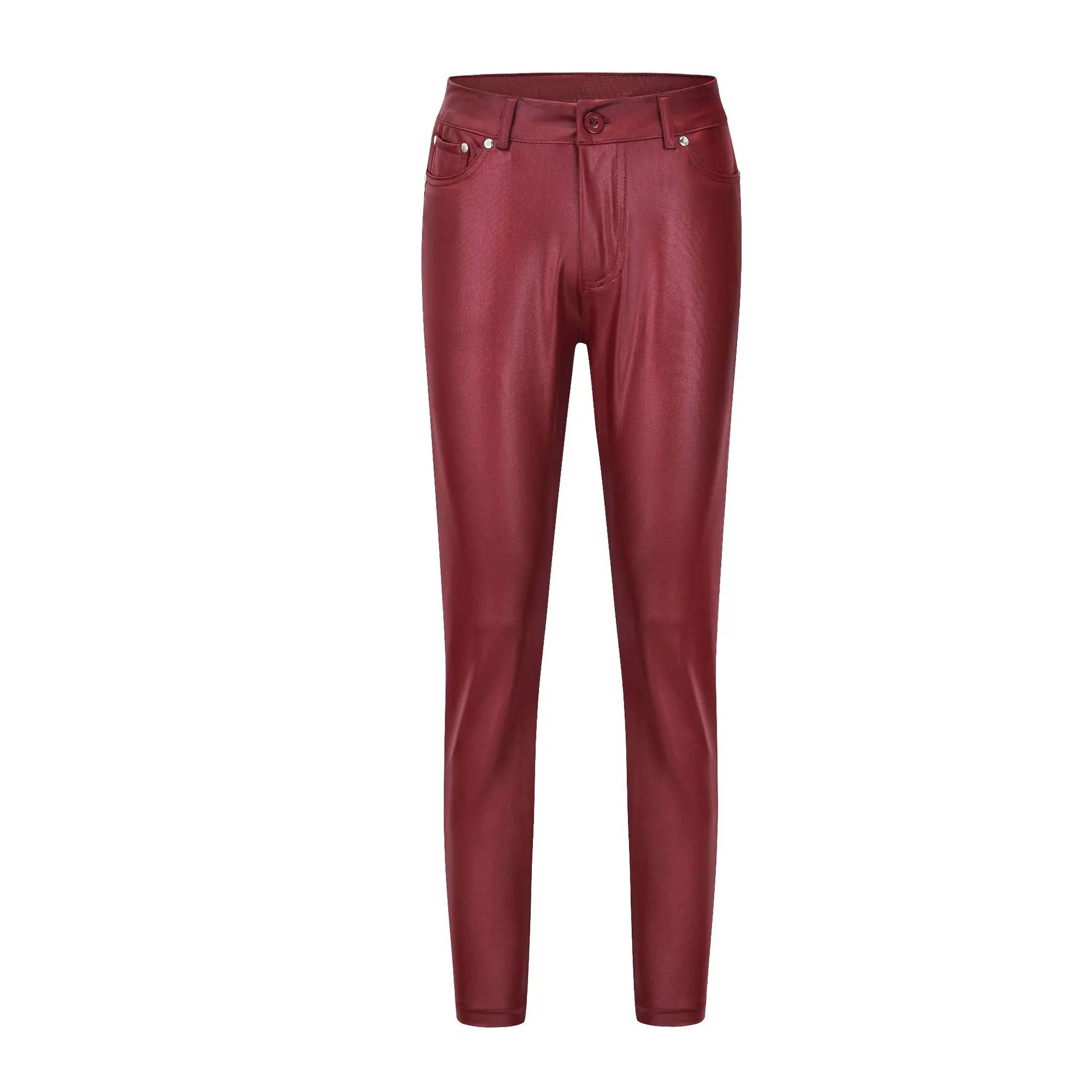 Sexy Women Elastic Solid Color Leggings PU leather High Waist Stretch Close-fitting Trousers with Pockets Night Clubs Legging