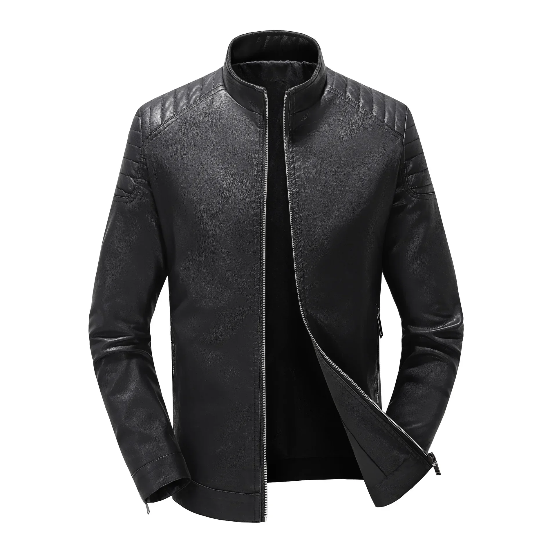 

Men's Luxury Slim Leather Jackets Coats Breathable PU Leather Jacket Tops Solid Stand Collar Casual Leather Outwear for Men