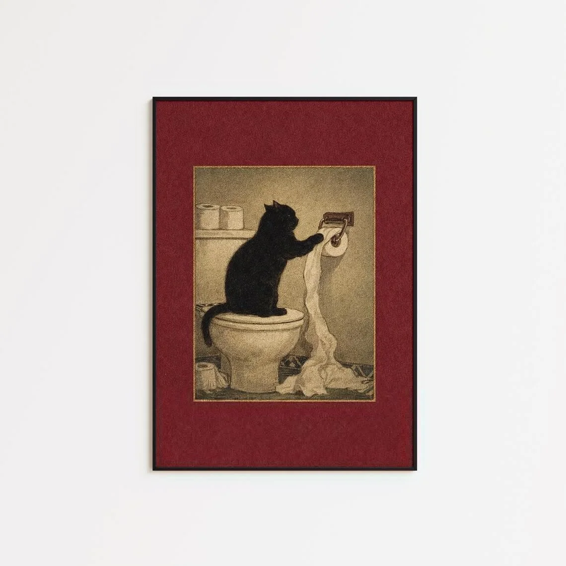 Verspielte Badezimmer-Wanddekoration mit Katzenmotiv – Realistische Illustration einer schelmischen schwarzen Katze, die auf einer weißen Toilette sitzt und sich ausrollt.