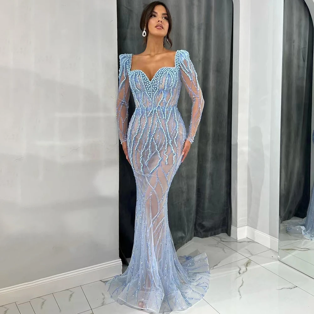 فساتين مناسبة رسمية  Luxury Pearls Blue Prom Party Dresses Mermaid Formal Dress vestidos de fiesta elegantes para mujer 2023