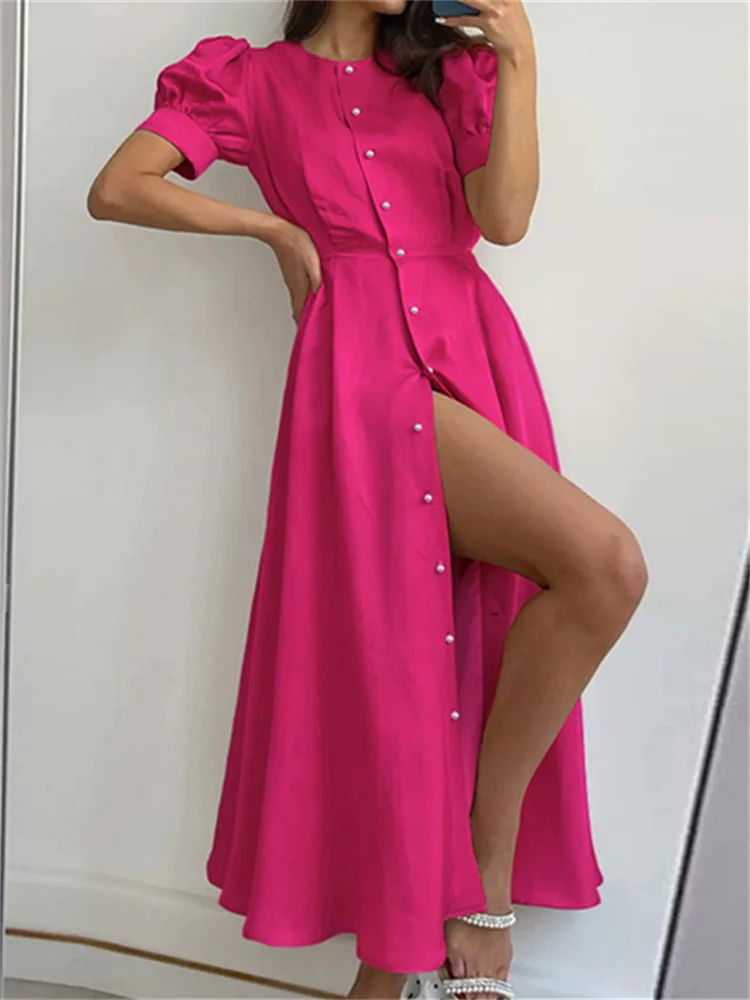 

Women Long Dres Summer High Slit Elegant O Neck Office Ladies Short Sleeve Maxi Dresses Buttons Up Vocation Dress Ropa De Mujer