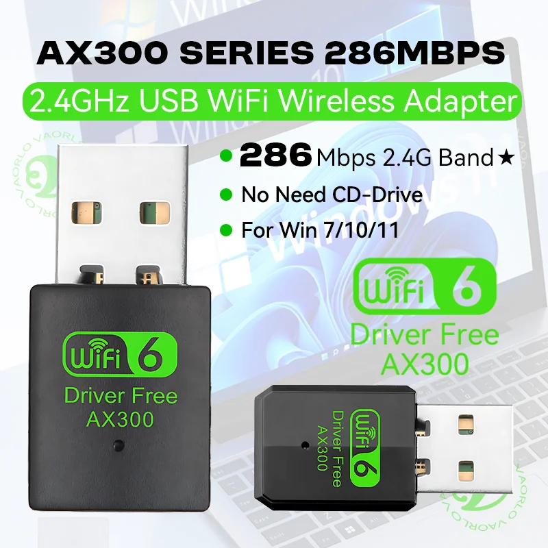 

Беспроводная сетевая карта AX300 WIFI 6 USB-адаптер 2,4G Wi-Fi мини-приемник 286 м для ПК/ноутбука Win7/10/11 Drive Free