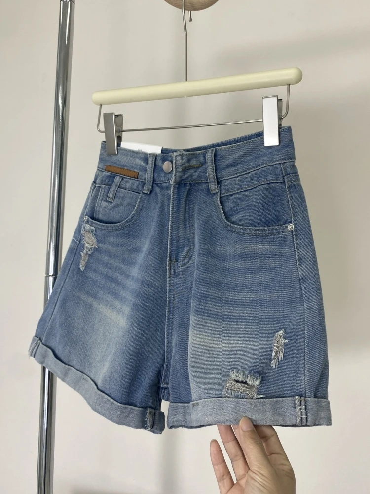 

Summer New High Waist Loose Women's Denim Shorts Wide Leg Hot Pants Torn Hem A-Line Jeans Slimming Effect Trendy Ins Style