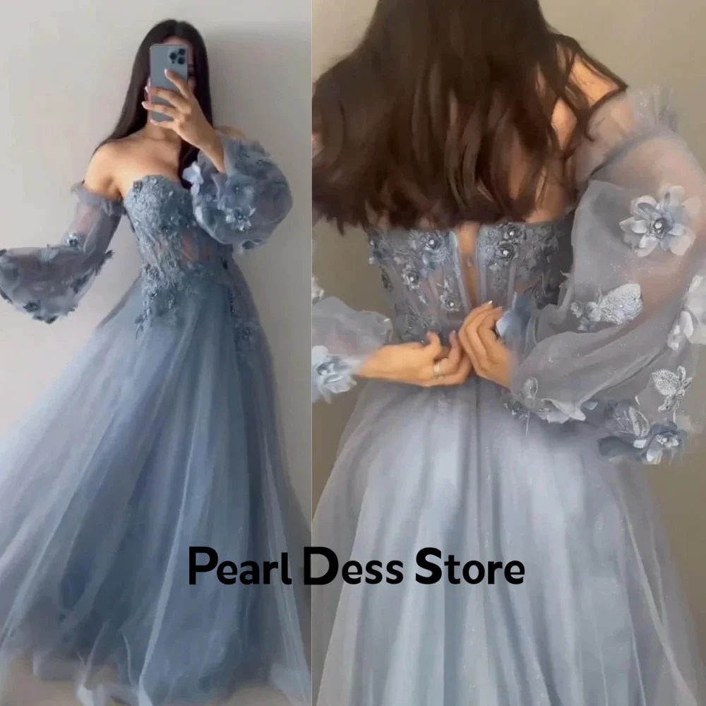 Pearl Gauze Luxurious Women\'s Evening Dresses for Formal Occasions Line A Luxury Prom Dress 2024 Off the Shoulders Floral Lace