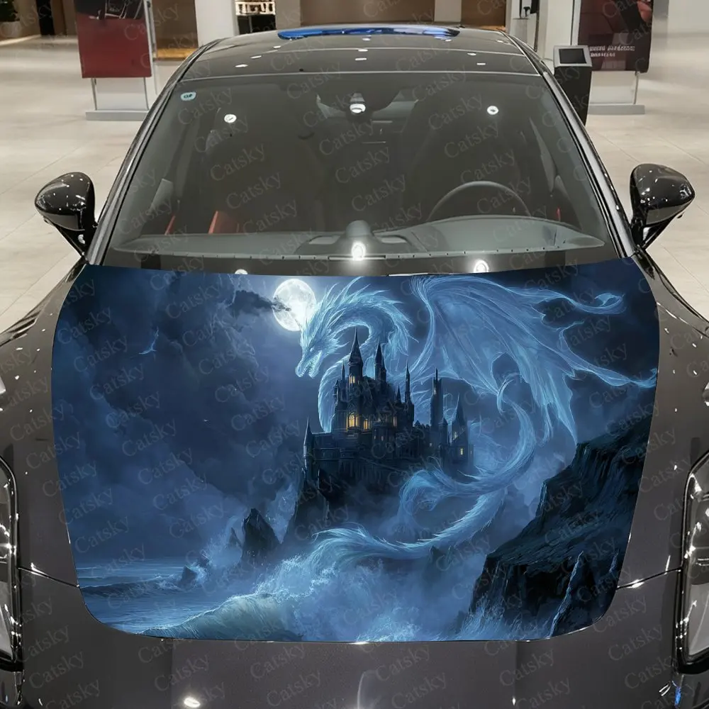 Frost Dragon Specter Haunted Castle Car Vinyl Wrap, PVC Waterproof Car Hood Sticker, Self-Adhesive Scratch-Resistant Stickers