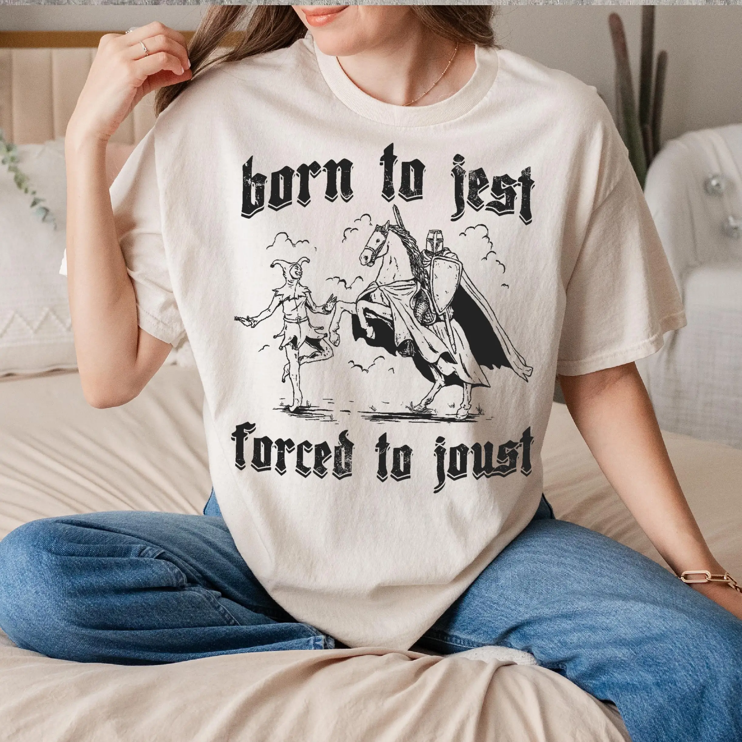 

Born to Jest Forced to Joust T Shirt, Funny Meme Tee, Gift for Her Him, Medieval Vintage Graphic Tee, Knights Tshirt