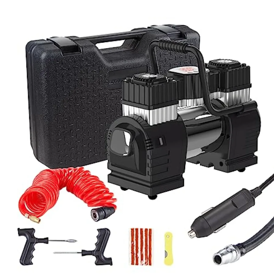 ضاغط هواء مزدوج الأسطوانة تيار مستمر 12 فولت للسيارة منفاخ إطارات محمول عالي التحمل مع ضوء LED مضخة إطارات 120 رطل لكل بوصة مربعة مثالية لـ #1