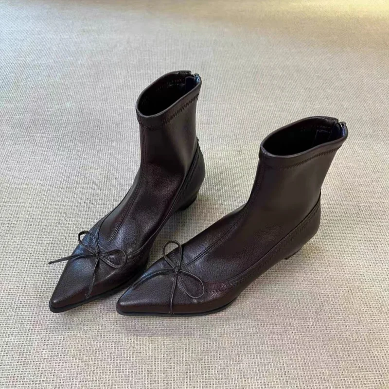 French Pointed Bow Ankle Boots with Built-in Height, Fashionable and Versatile, Slim Style Boots