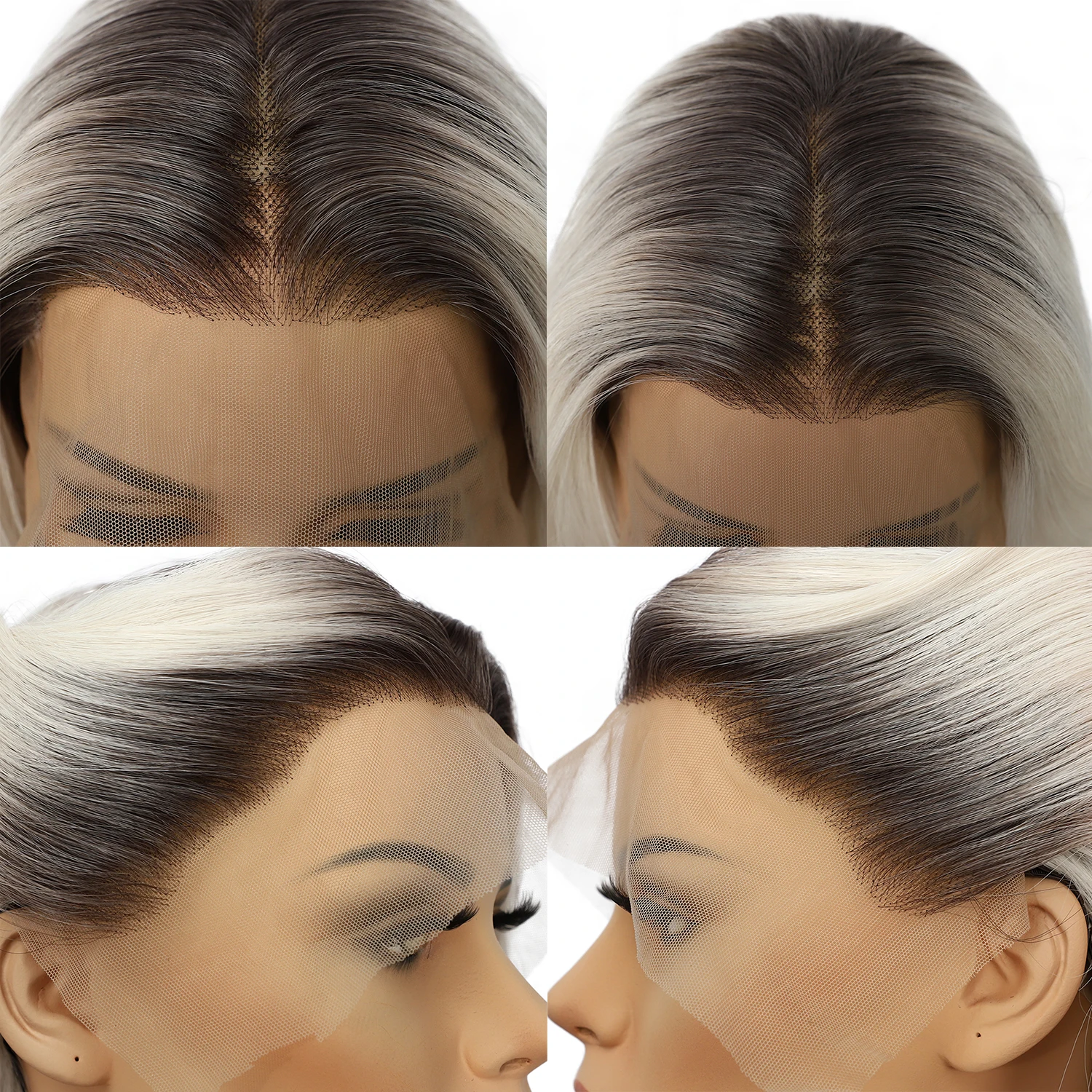 2024 13x4 Synthetic Lace Front Wig Ash White Dark Roots Transparent Lace Daily Wear Heat Safe Premium Synthetic Wig