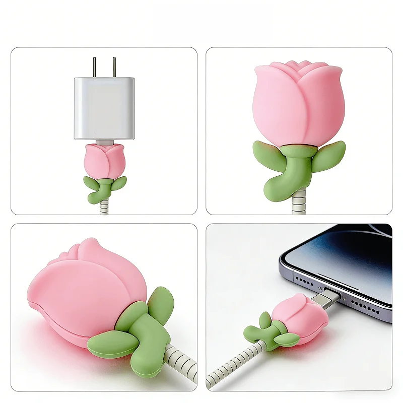 2Pcs Decorative Tulip Flower Cable Protector, Lovely Charger Cable Cover, Compatible with Smartphone Charging Cables