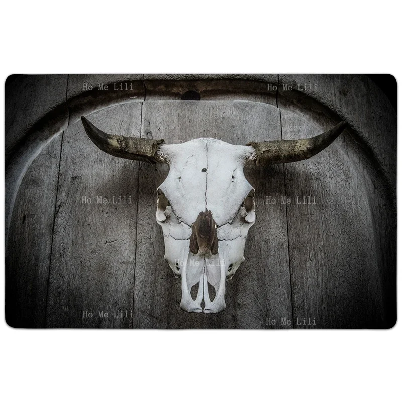 Bull Skull Texture Of Old Wooden Board Vignetting Bohemian Horns And Tribal Pattern Lightweight Flannel Floor Rugs By Ho Me Lili