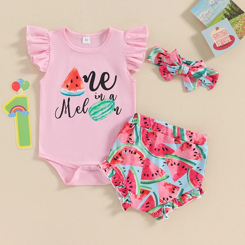 

SUNSIOM Baby Girl Summer Set Letter Print Fly Sleeve Romper Frill Trim Watermelon Print Shorts Headband Infant Toddler Outfits