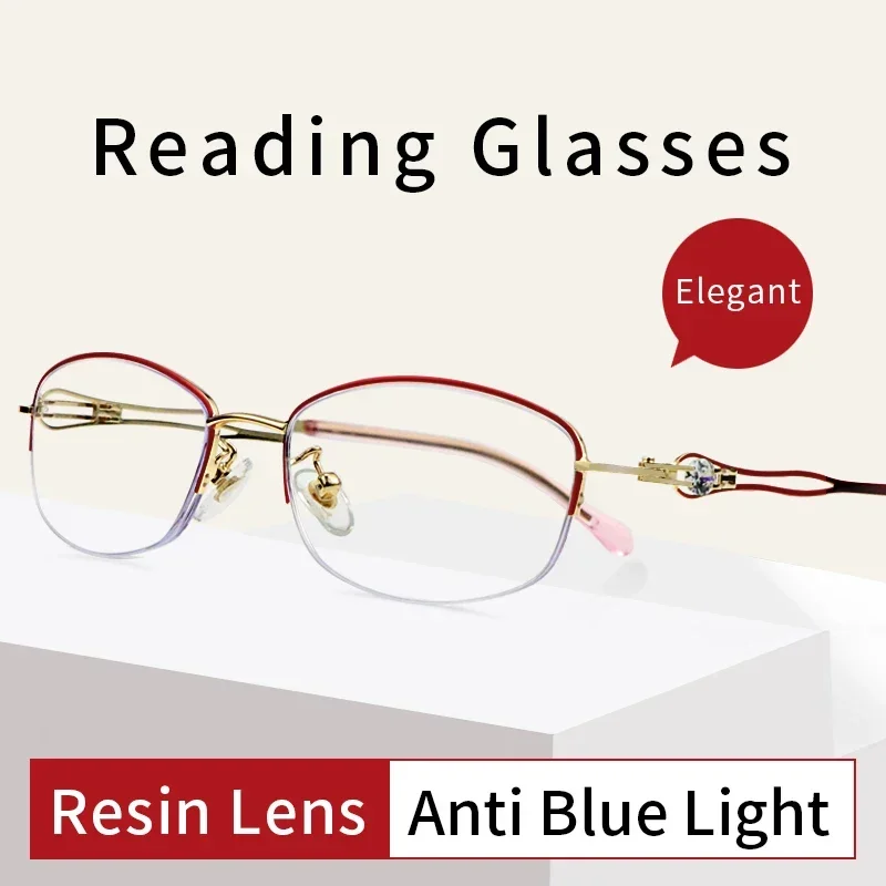 Anti Blue Ray Anti-fatigue Reading Glasses for Women Metal Half Frame,Magnifying Glasses Anti UV/Glare, Diopters To +4.0