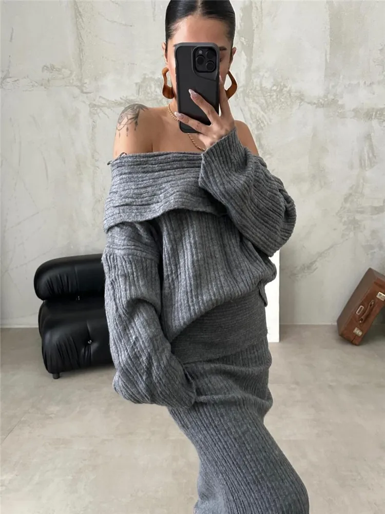 

2025 New Fall Winter Knit Two Piece Sets Beige Black Slash Neck Long Sleeve Sweater&Long Pencil Skirt Casual 2pc Dress Suits