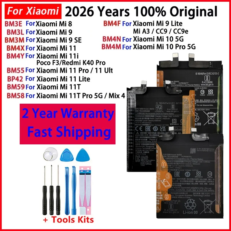 Original Battery For Xiaomi Mi 8 9 10 11 11i 11T Ultra SE Lite 5G Batteries BM55 BM58 BM59 BM3L BM3M BM4F BM4N BM4X BM4Y BP42