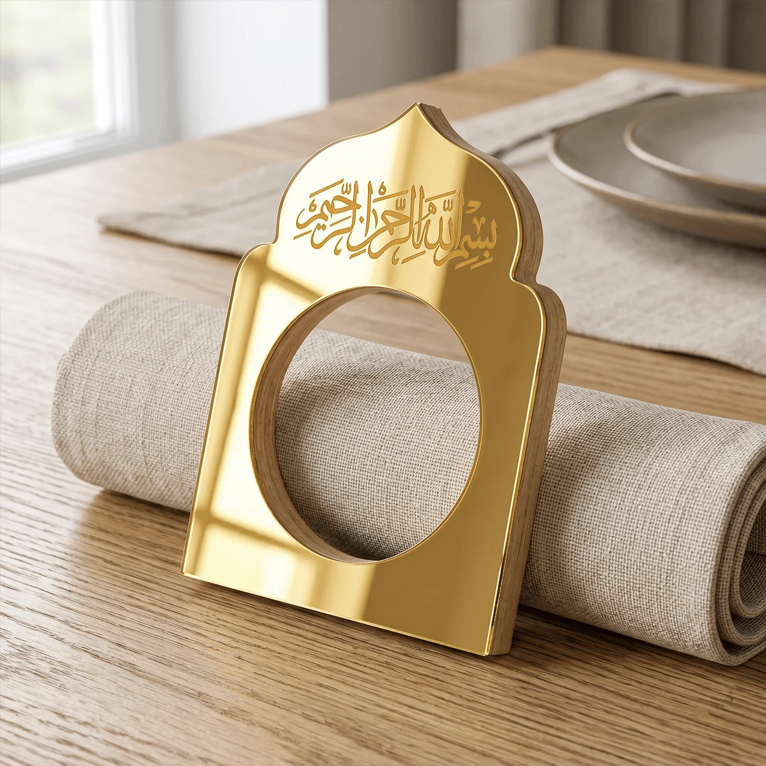 5pc-Gold Mirrored Arabic Napkin Ring, Mosque Design, Laser-Cut Wood, Eid al-Fitr and Ramadan Table Napkin Ring Decoration
