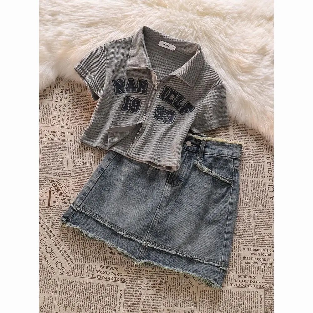 

Sweet Cool Style Set American Vintage Waffle POLO Neck Spice Girls Short Top Women Denim Half Body Skirt Two Piece Set