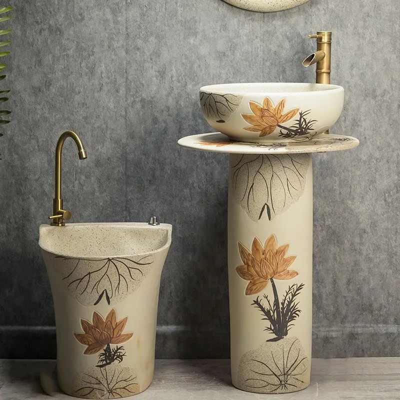 

Outdoor retro courtyard porcelain pillar washbasin villa garden ceramic integrated washbasin outdoor balcony Customizable