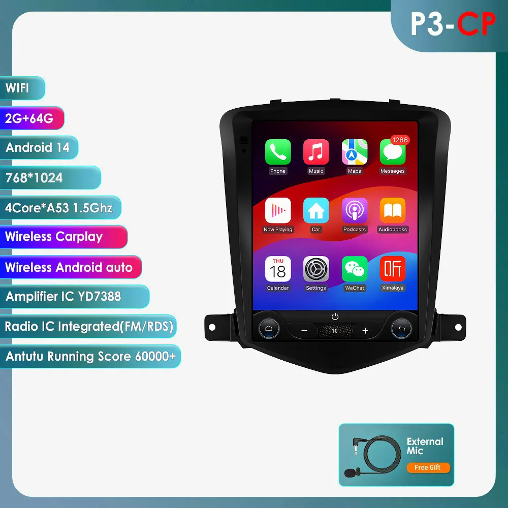 Hizpo Tesla Style Android autoradio voor Chevrolet Cruze J300 2008 - 2012 Multimedia Videospeler Carplay GPS Navigatie Stereo 8+128G