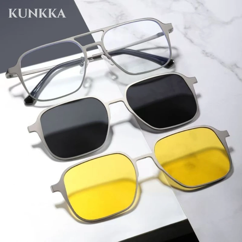 KUNKKA Metal 3 in 1 New Style Magnet Clip on Prescription Glasses Trend Polarized Sunglasses for Men Optical Glasses Frame 8001