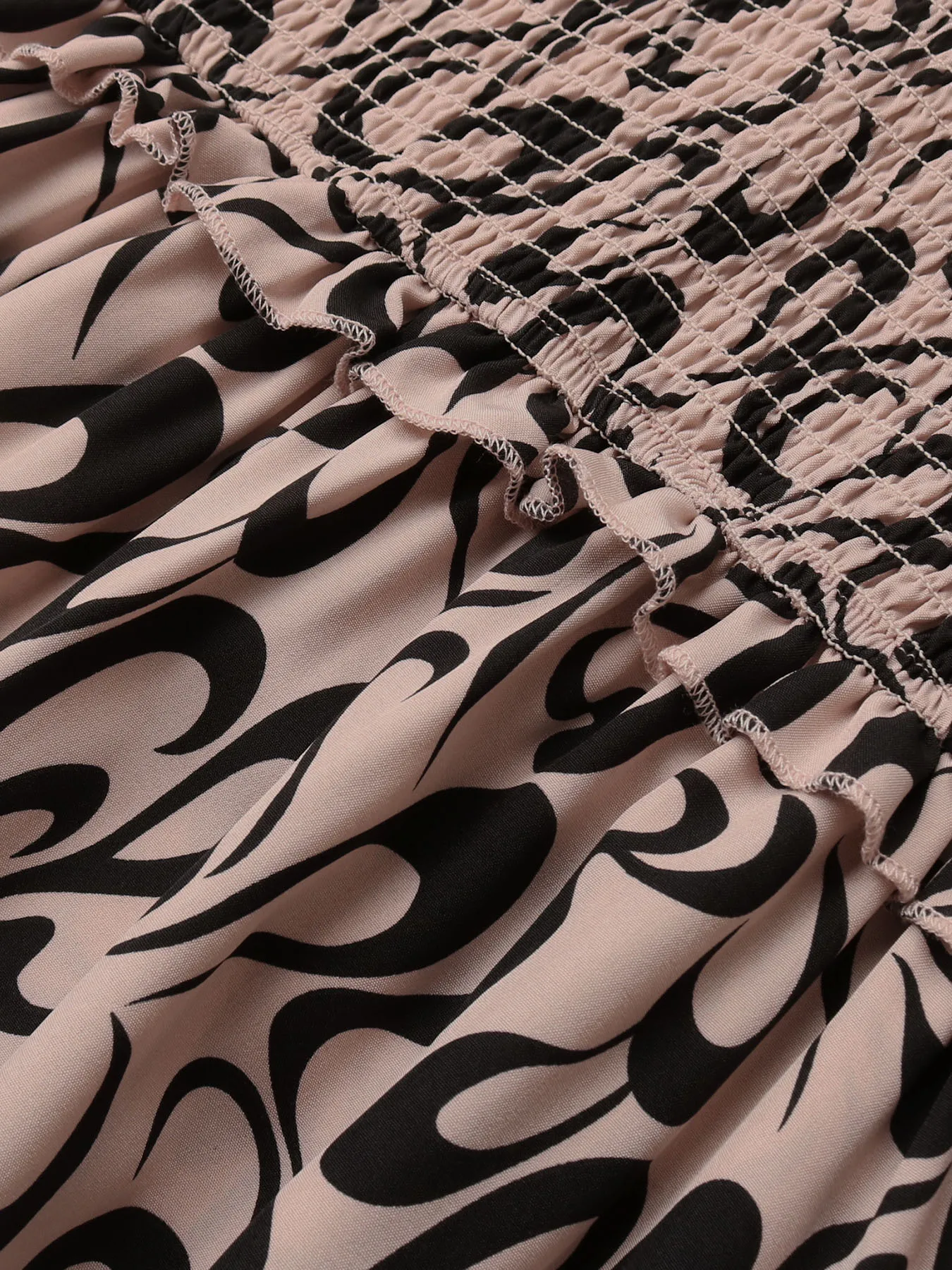 Women's Khaki Black Floral Print V Neck Long Sleeve Smocked Waist Midi Dress Autumn Winter Casual Party Daily Elegant