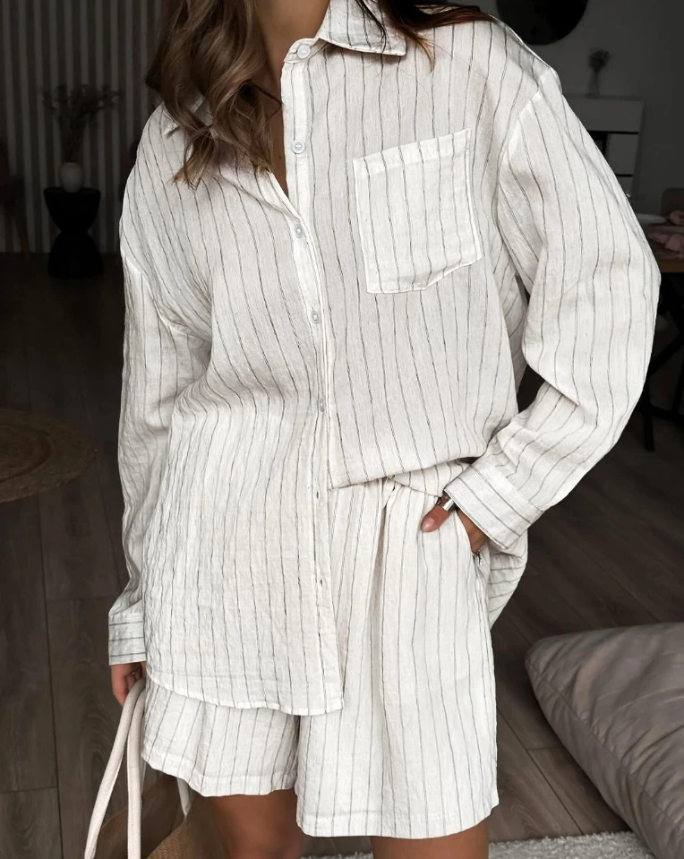 Commuter Versatile Striped Long Sleeved Shirt Shorts Two-Piece Set for Women 2024 Summer Russian Fashion Casual Suit Set